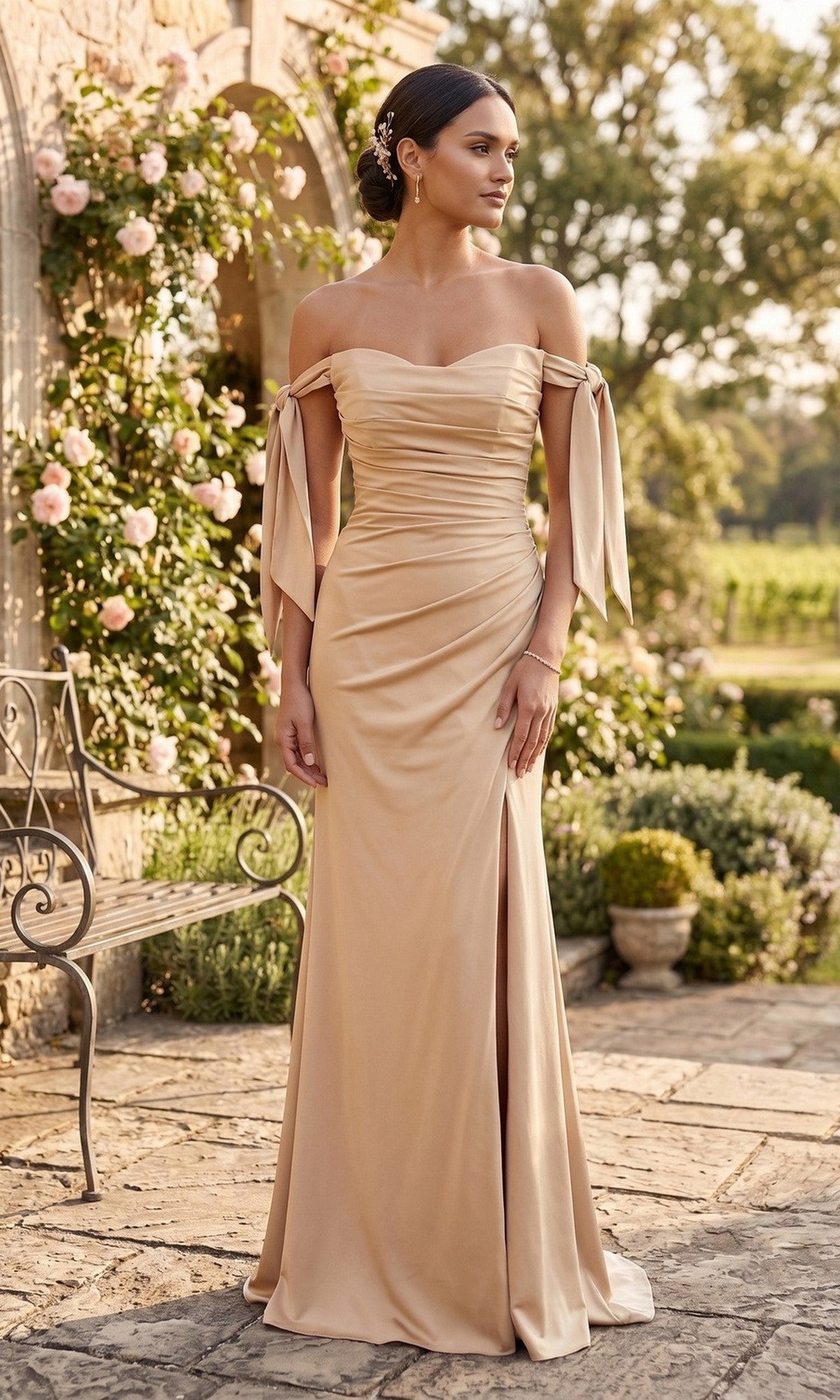 A woman stands gracefully outdoors near flowers and a stone bench, wearing the Long Prom Dress: Chicas DM8010 in gold, featuring an elegant off-the-shoulder design with a ruched bodice and thigh-high slit.